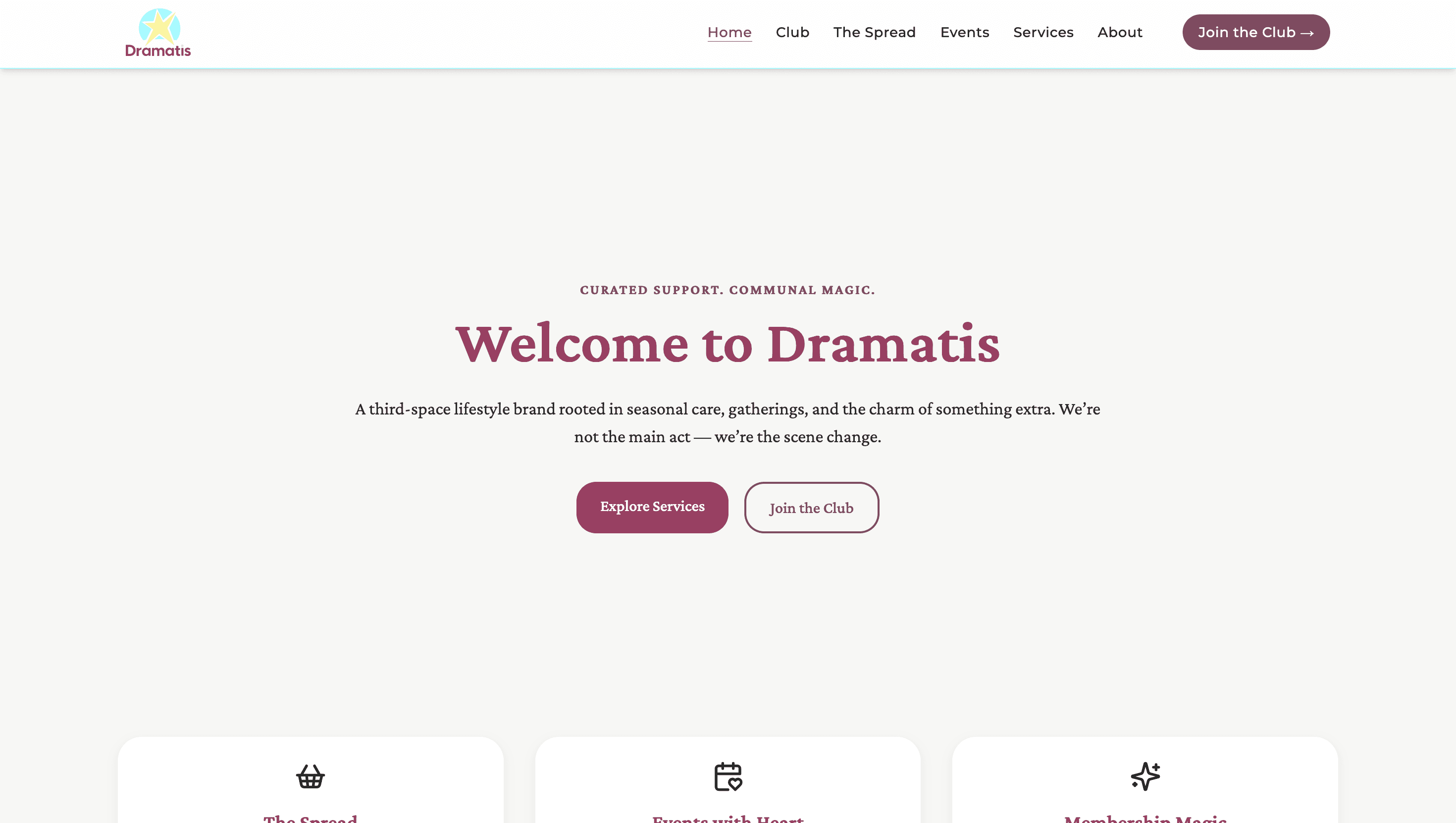 Screenshot of Dramatis – “Third Space” Lifestyle Brand Website