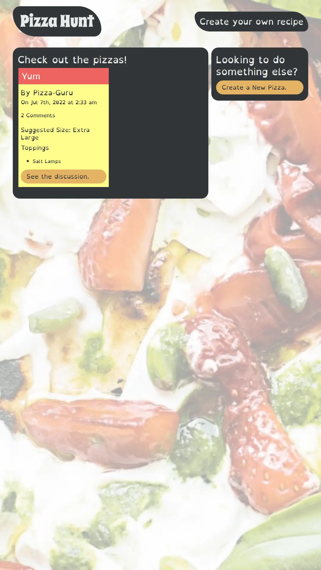 Screenshot of Pizza Hunt website or app