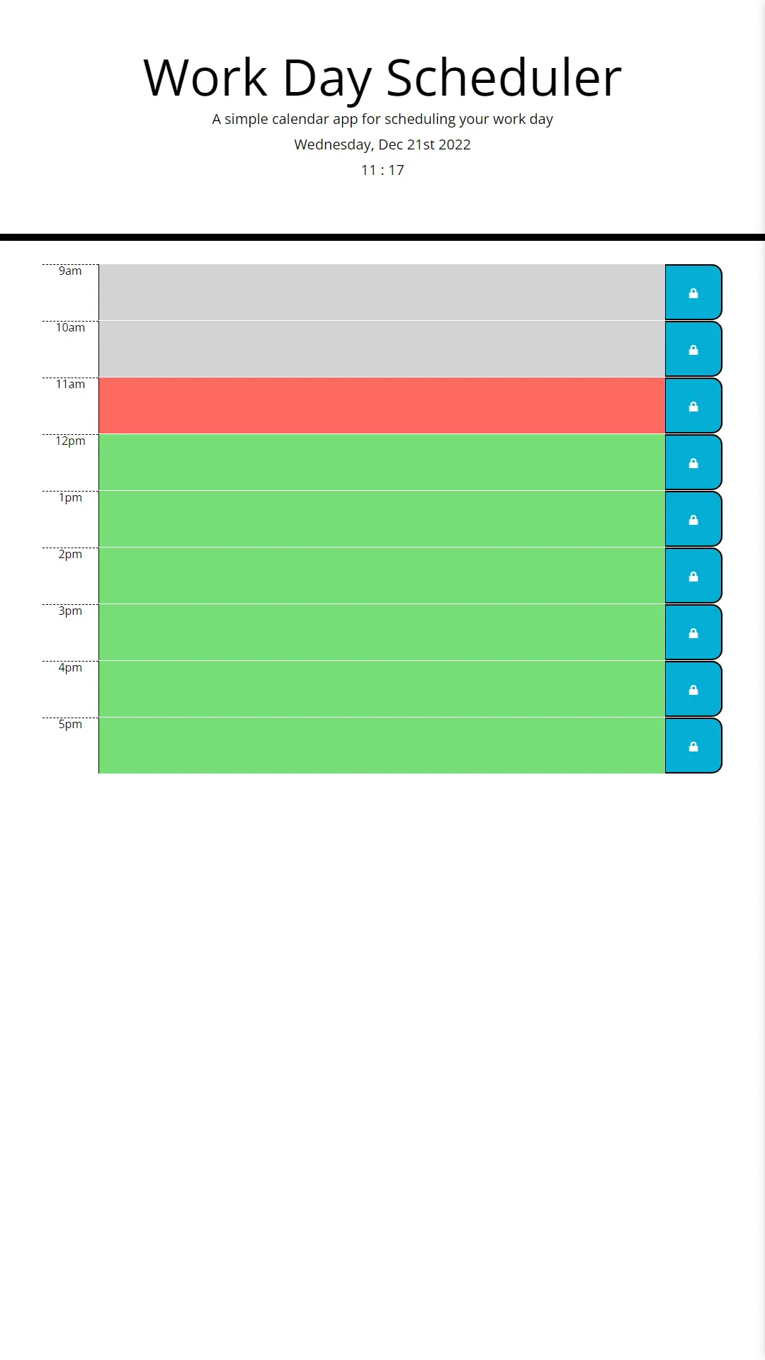 Screenshot of Work Day Scheduler website or app