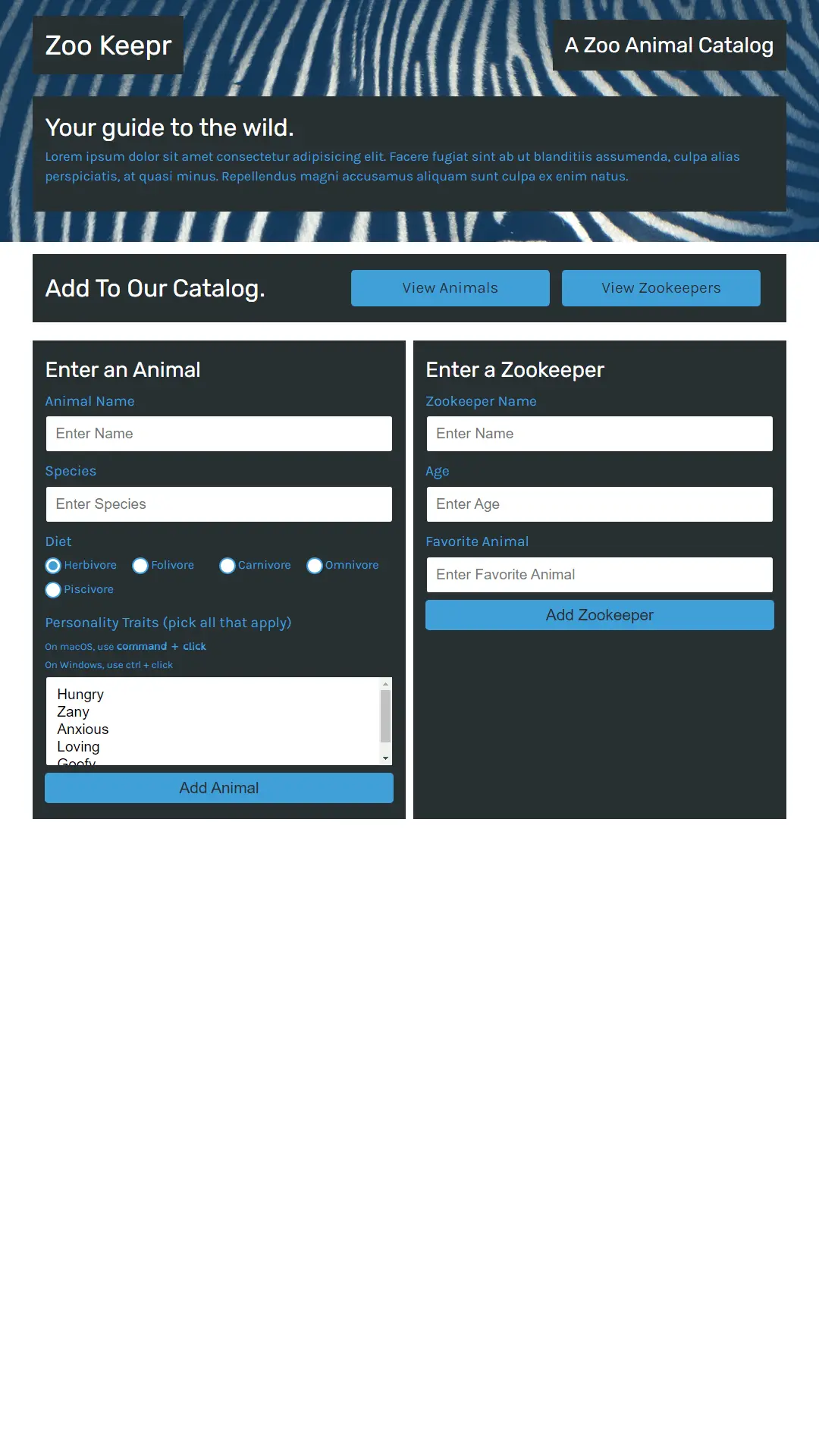 Screenshot of Zoo Keepr website or app